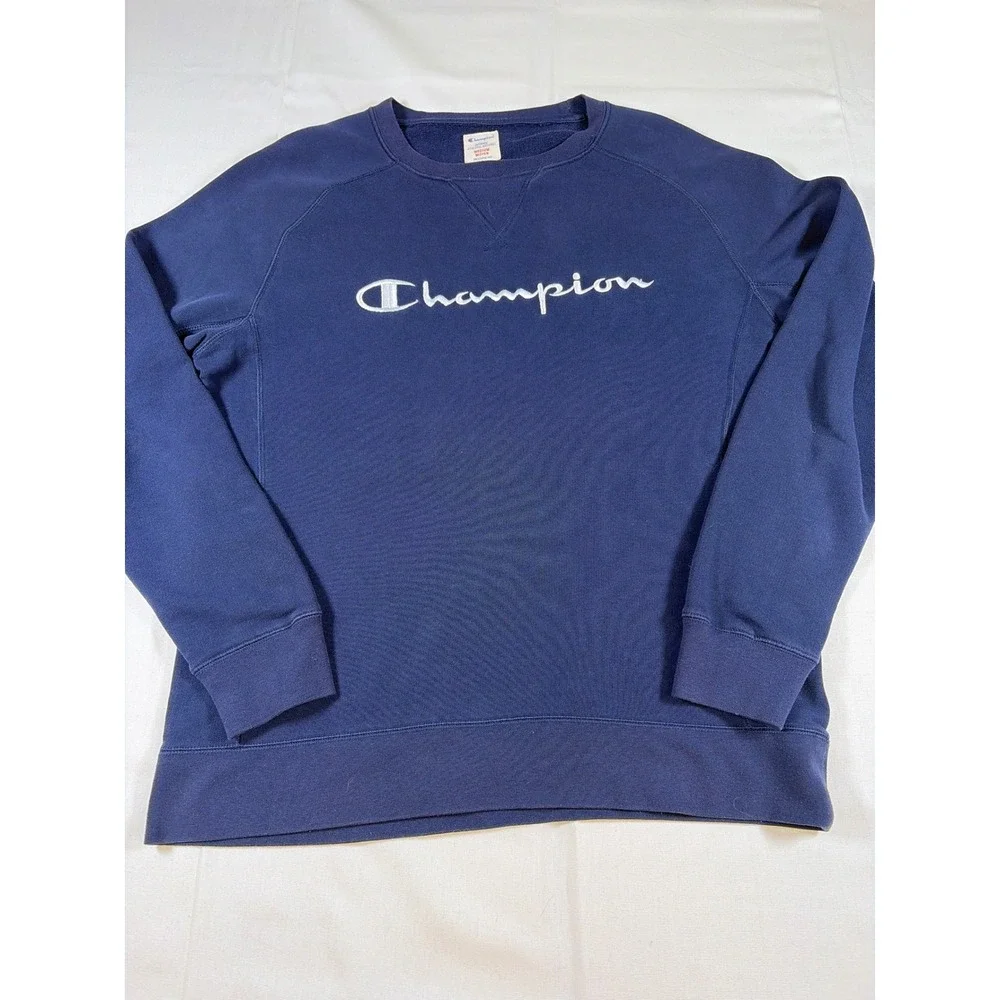 Champion Mens Navy Blue Script Logo Raglan Crewneck Sweatshirt Medium 3911411
